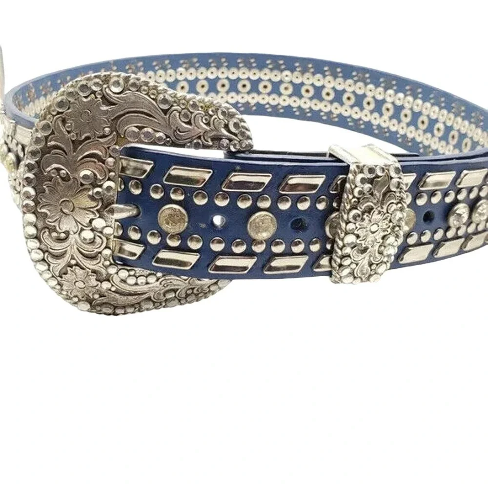 Nocona Blue Leather Belt 26 Crystal Studded Western Silver Floral Buckle Cowgirl